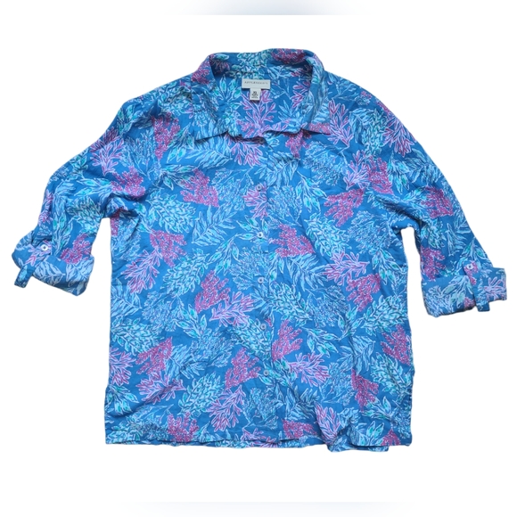Appleseed's Tops Appleseeds Coral Print Blouse Button Down Tropical